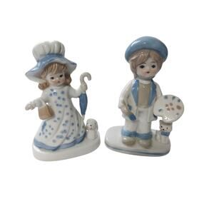 Vintage Enesco Blue White Boy & Girl Figurines Umbrella Painting Cat Dog 4 1/2"